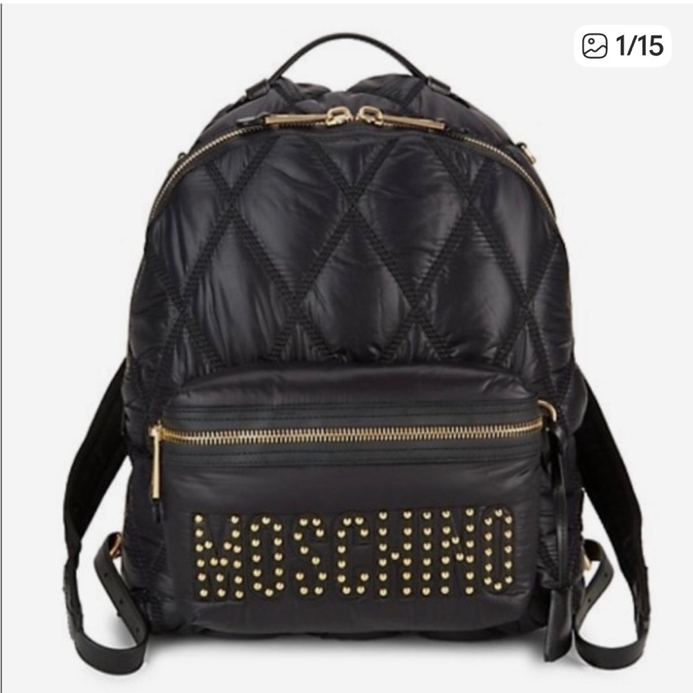 Moschino Black Quilted Backpack with Gold Accents
